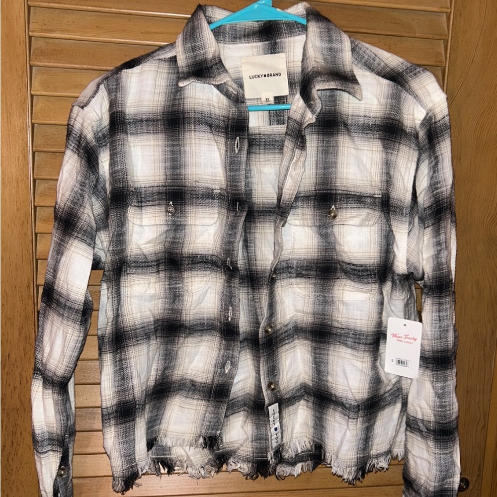 Lucky Brand Black and White Frayed Plaid Shirt